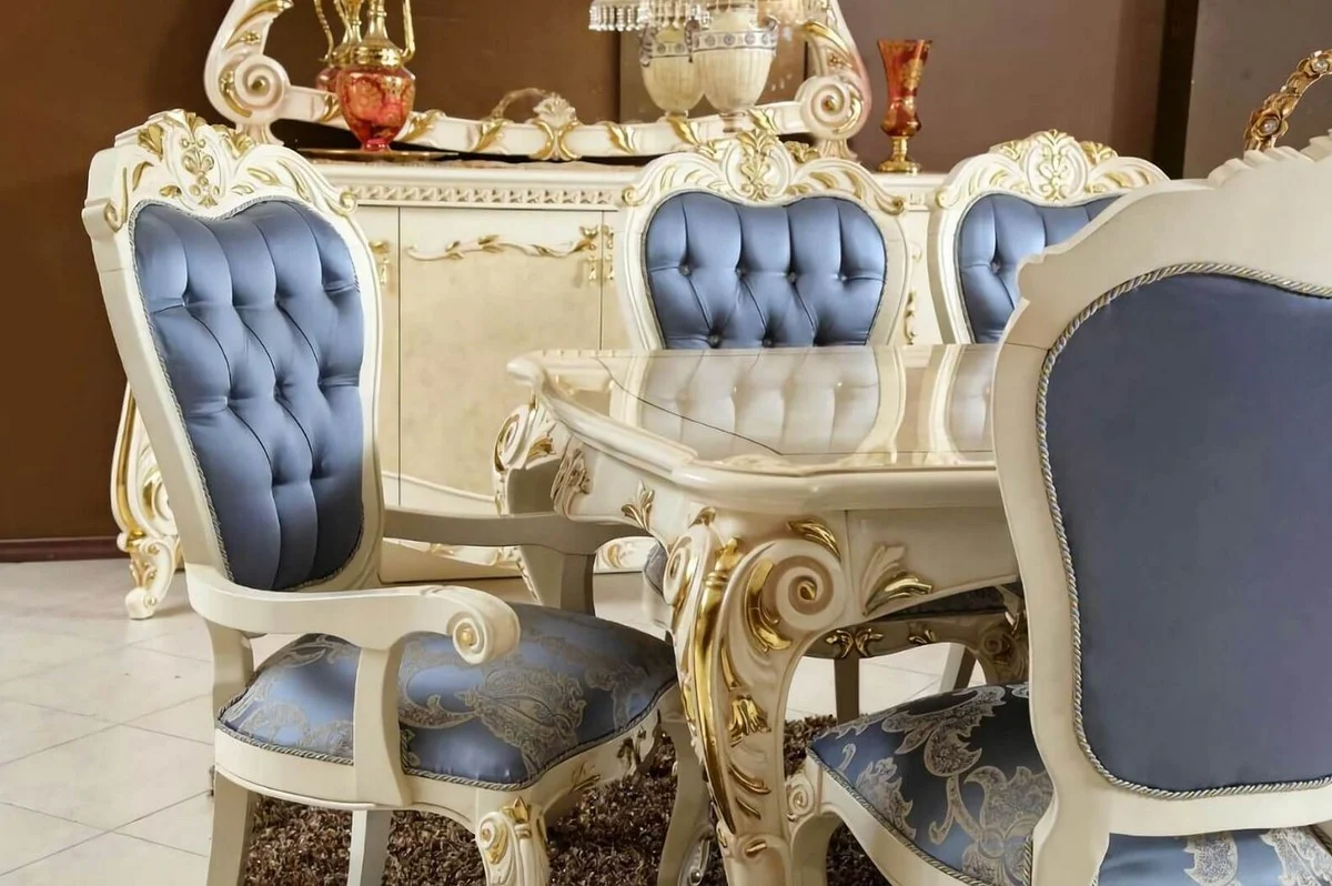 Luxury Baroque Dining Room Set Blue / White / Gold - 1 Baroque Dining Table & 6 Baroque Dining Chairs - Baroque Dining Room Furniture - Luxury Furniture in Baroque Style - Noble & Magnificent