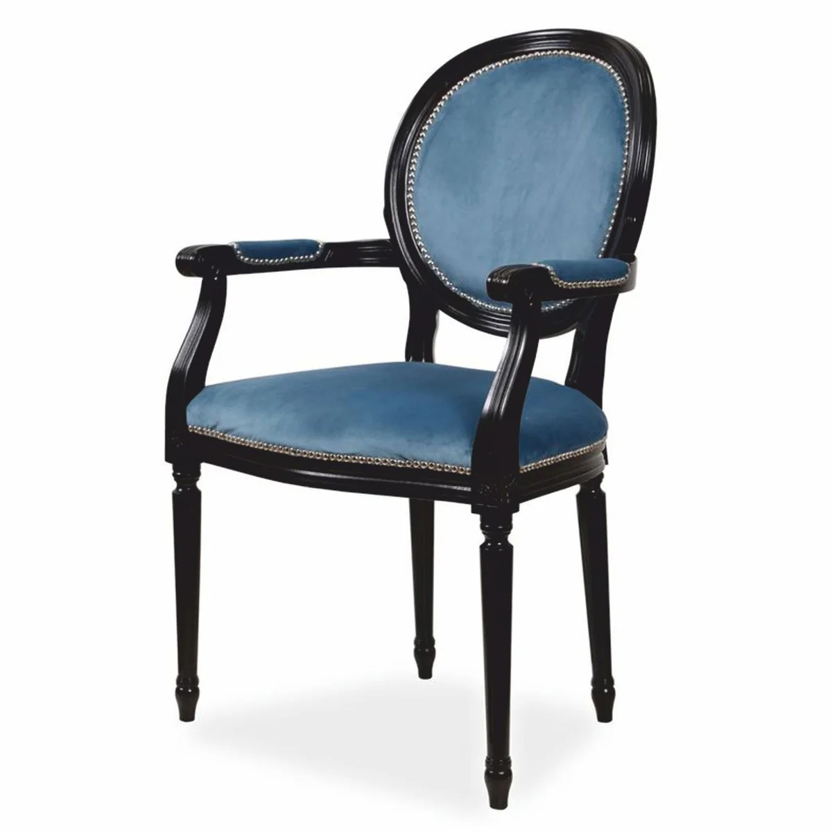 Luxury Baroque Velvet Dining Chair with Armrests Blue / Black - Baroque Style Dining Room Furniture