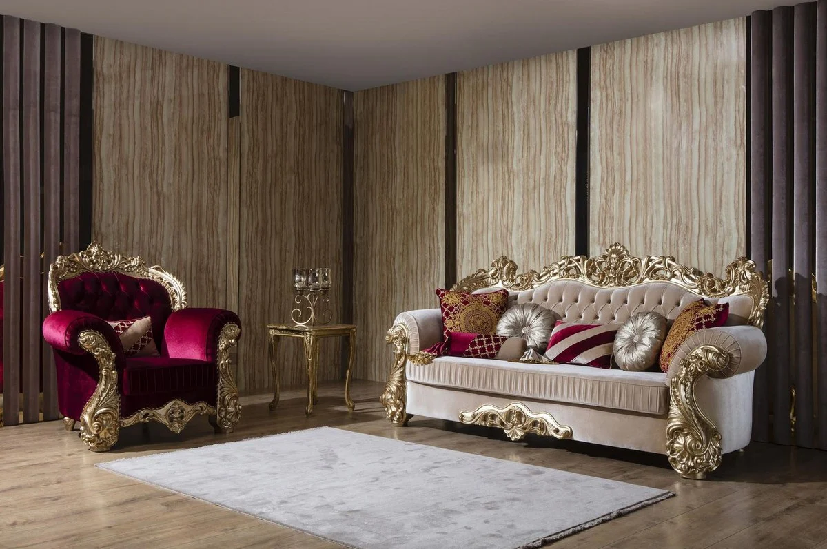 Luxury baroque sofa beige / gold 244 x 95 x H. 123 cm - Magnificent living room sofa with decorative pillows - Baroque living room furniture