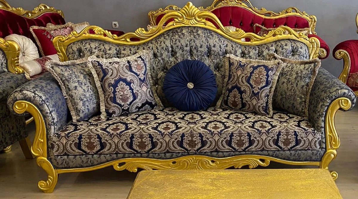 Luxury baroque sofa dark blue / beige / gold - magnificent living room sofa with elegant pattern and glittering stones - living room furniture - baroque furniture - noble & magnificent