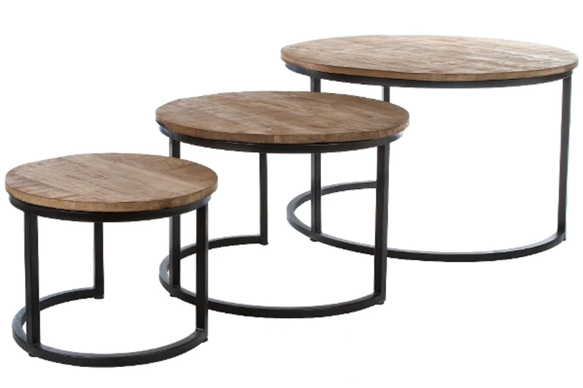 Luxury coffee table set of 3 natural colors / black Ø 78 x H. 48 cm - round living room tables with semicircular metal base