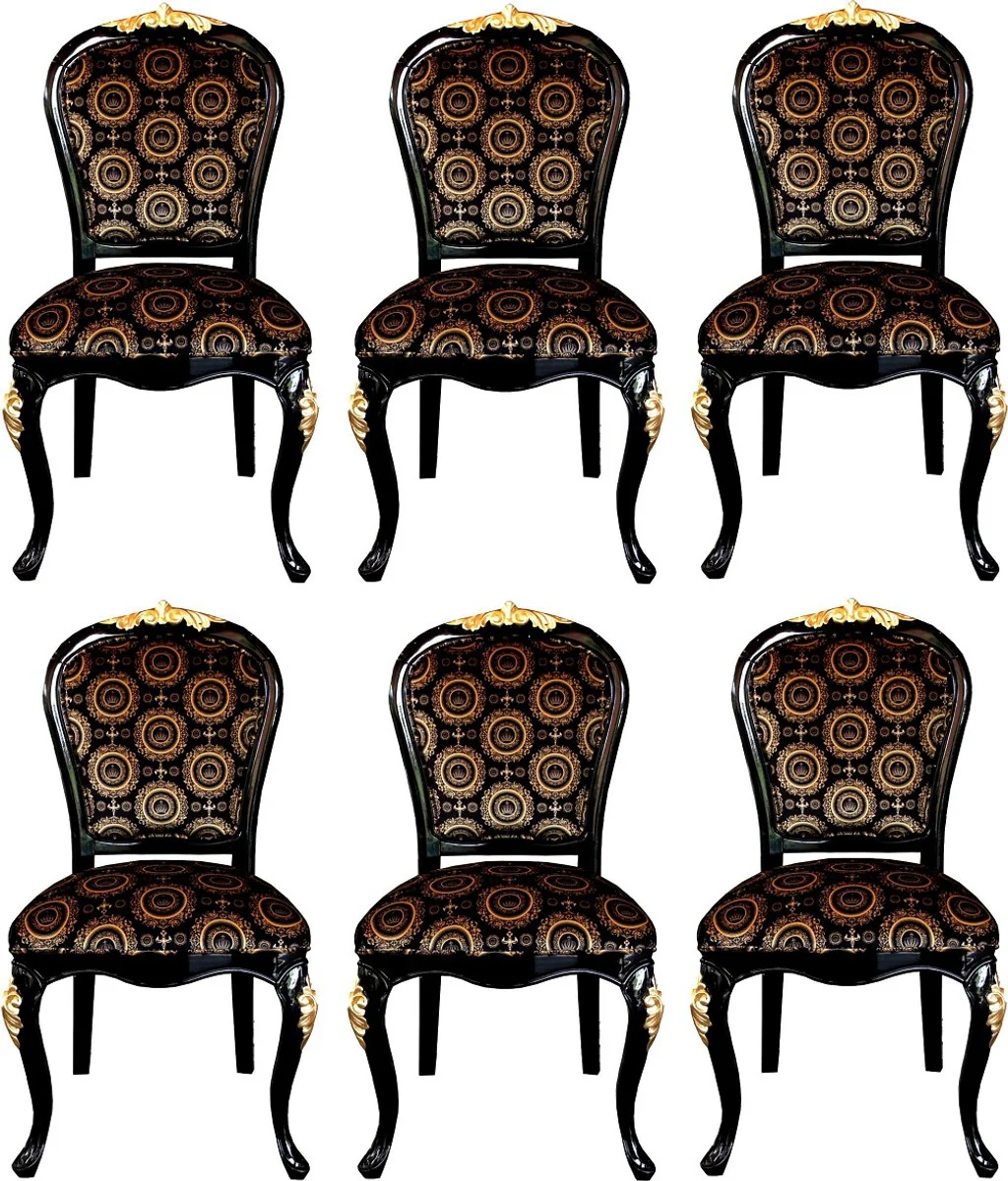 Pompöös by Luxury Baroque Dining Room Chairs with Crown Black / Gold - Pompöös Baroque Chairs designed by Harald Glööckler - 6 Dining Room Chairs - Baroque Dining Room Furniture