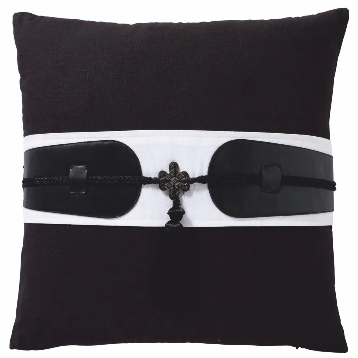 Luxury decorative cotton cushion with leather applications black / white 50 x 50 cm