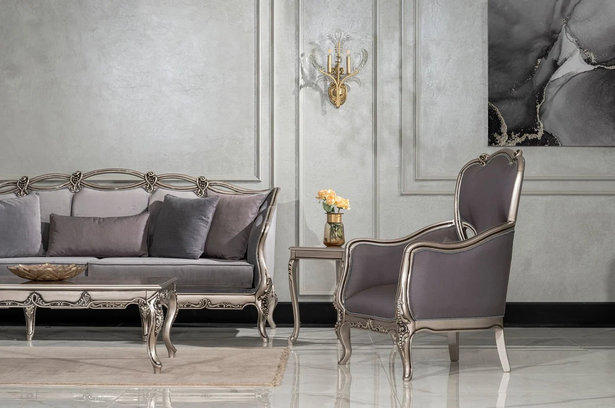 Luxury Baroque Living Room Sofa Gray / Silver - Handmade Baroque Style Sofa with Decorative Pillows - Luxury Living Room Furniture in Baroque Style - Baroque Furniture - Noble & Magnificent