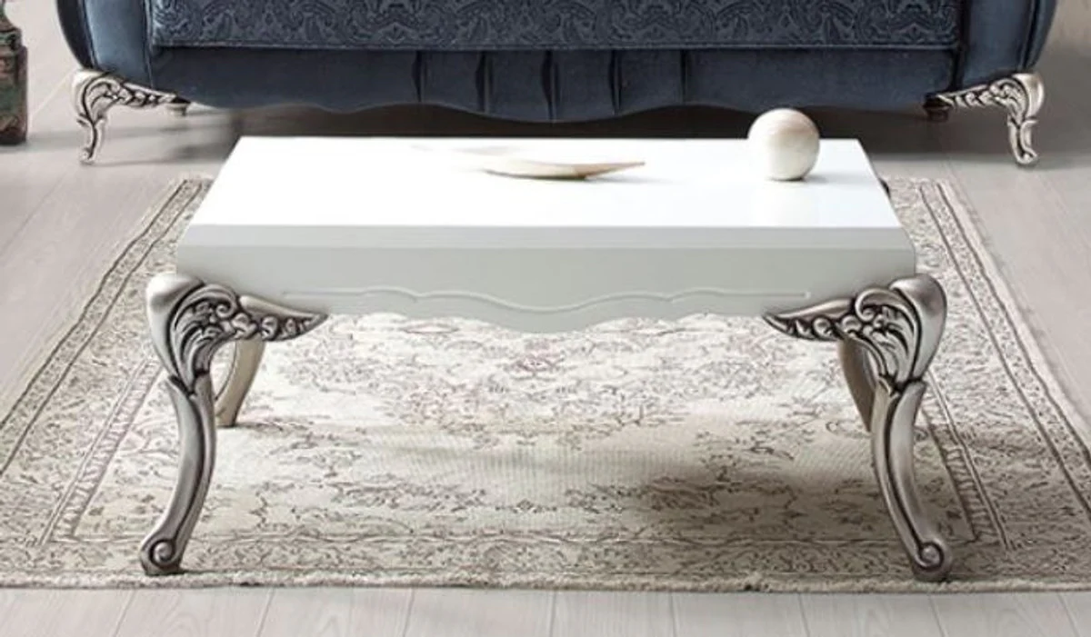 Luxury baroque coffee table white / silver 104 x 69 x H. 45 cm - Elegant solid wood living room table - Living room furniture in the baroque style