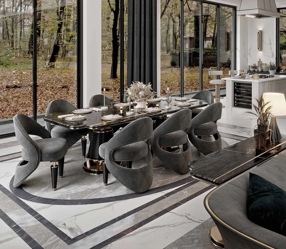 Luxury dining room chair set of 8 gray / black / gold 57 x 60 x H. 85 cm - dining room furniture - restaurant furniture - hotel furniture - luxury furniture - luxury collection