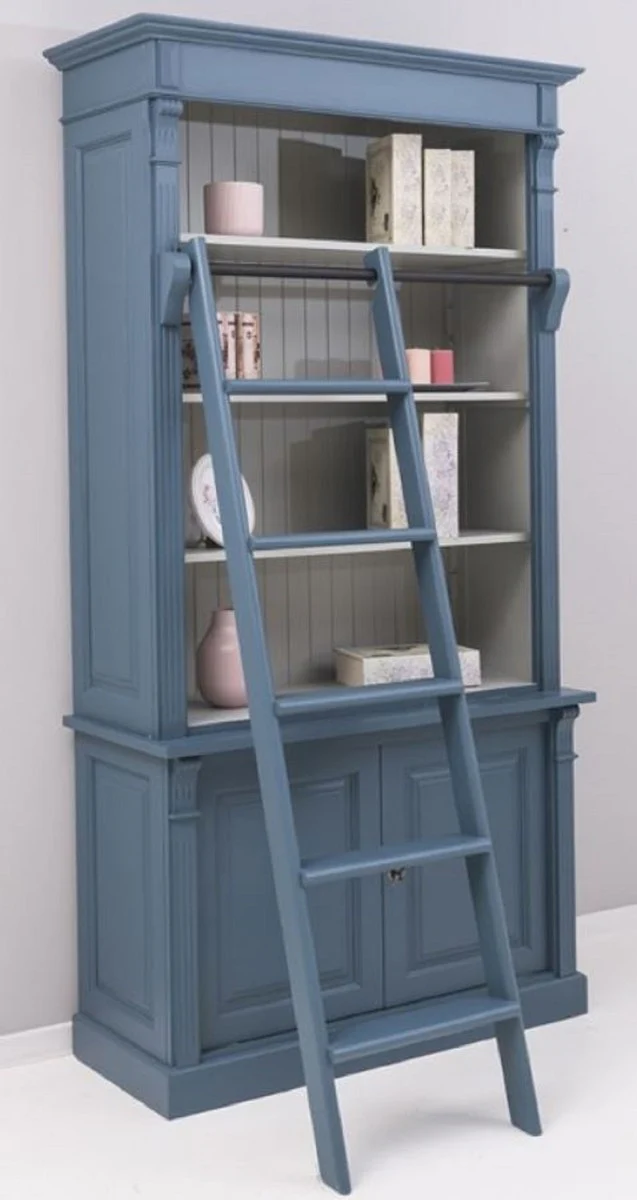 Country house style bookcase with ladder blue / gray 120 x 51 x H. 228 cm - solid wood cabinet - shelf cabinet - living room cabinet - office cabinet - country house style furniture