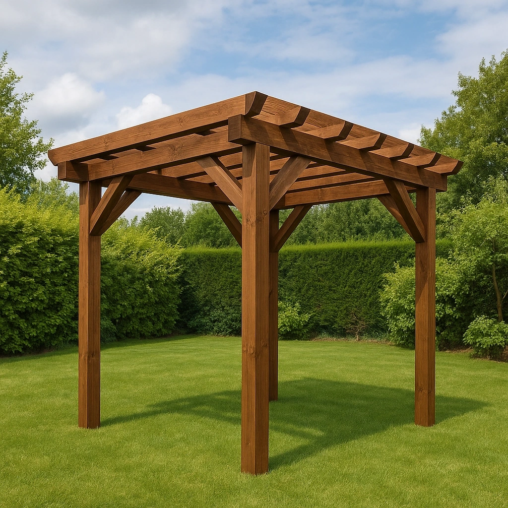 Gartenpergola aus massivem, braunem Holz für den Außenbereich, 250 cm x 250 cm x 260 cm - gKPruos433YK