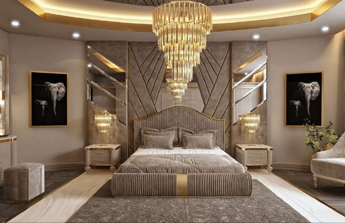 Luxury Art Deco Bedroom Set Gray / White / Gold - 1 Double Bed with Headboard & 2 Nightstands - Art Deco Bedroom & Hotel Furniture - Luxury Collection