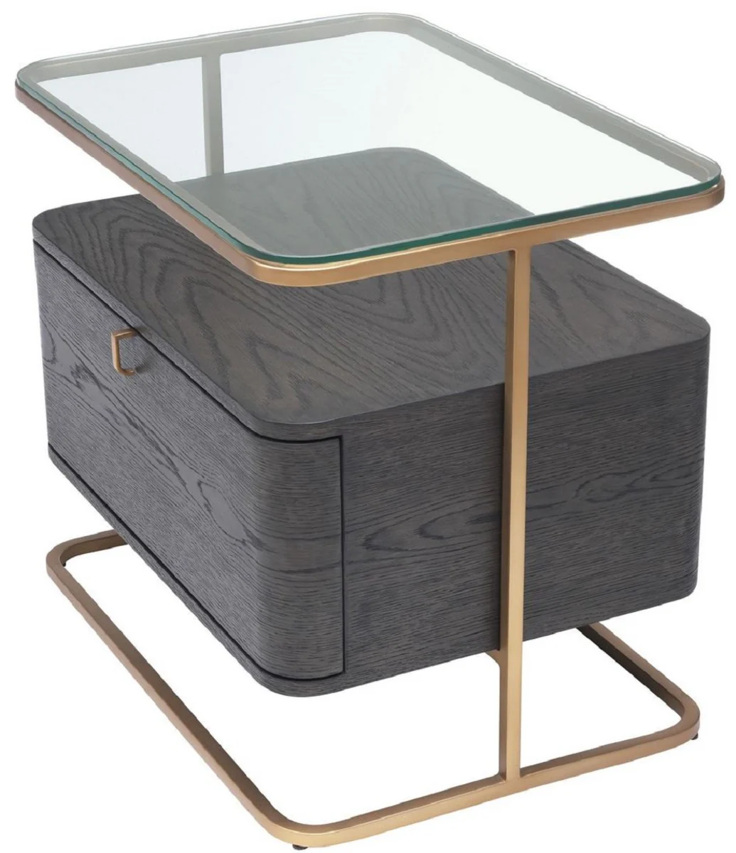 Luxury side table mocha / brass 65 x 46 x H. 57 cm - Elegant bedside table with glass top and drawer - Luxury furniture