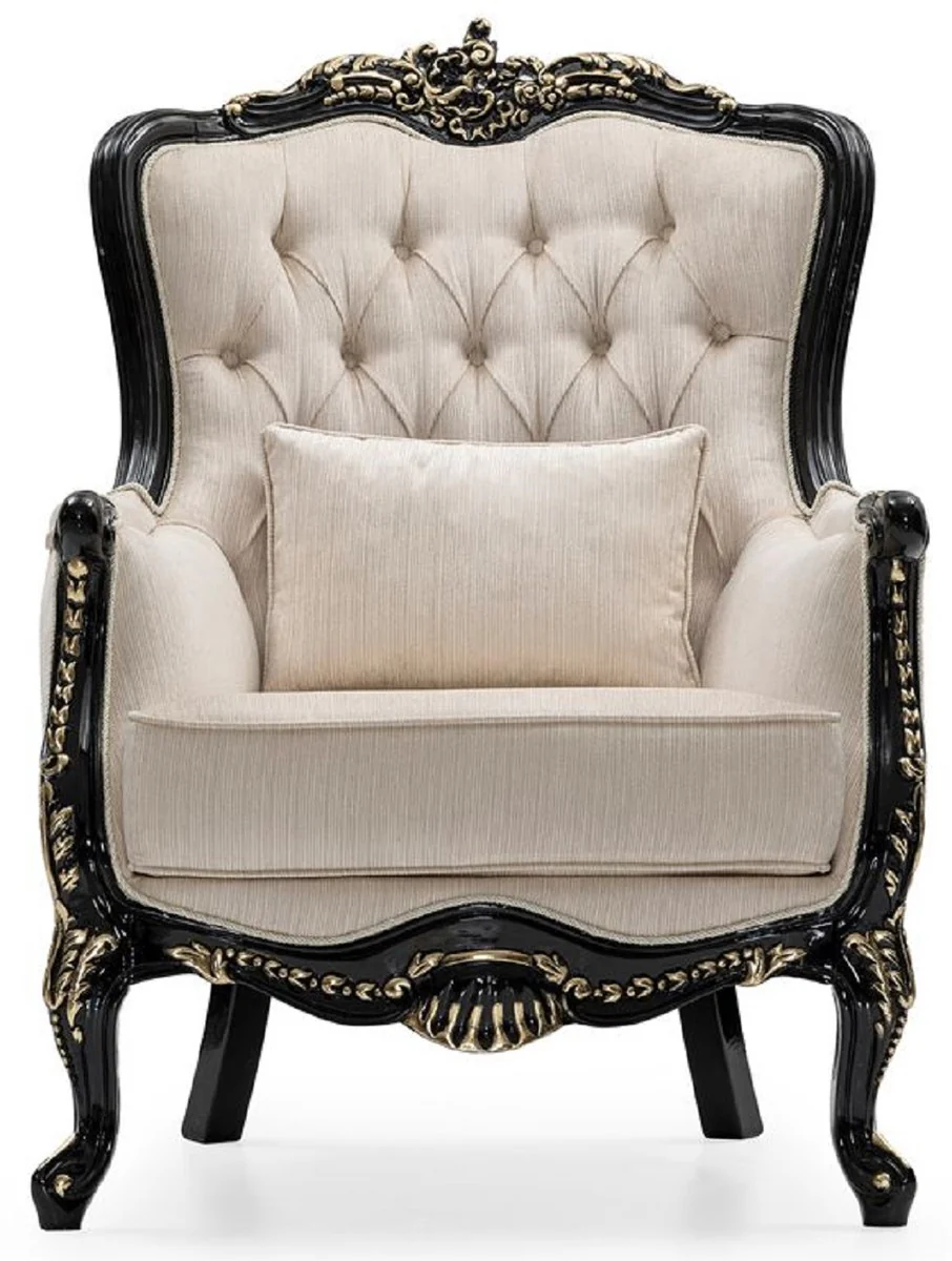 Luxus Barock Wohnzimmer Set Creme / Schwarz / Gold - 2 Sofas & 2 Sessel & 1 Couchtisch - Handgefertigte Wohnzimmer Möbel im Barockstil - Edel & Prunkvoll