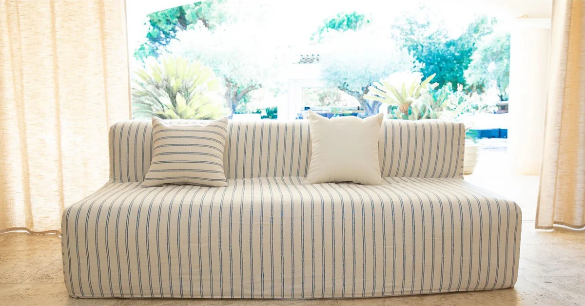 Luxury living room sofa with stripes white / blue 200 cm