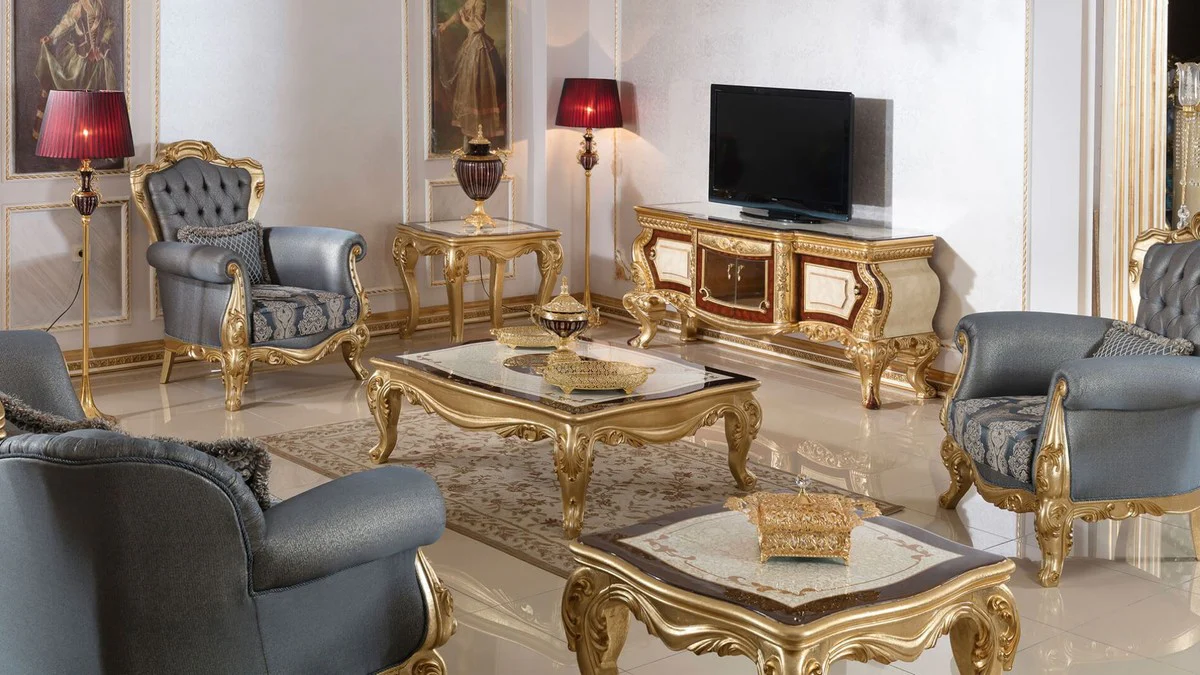 Luxury Baroque Living Room Set Blue / Gold - 2 Baroque Sofas & 2 Baroque Armchairs & 1 Baroque Coffee Table - Luxury Living Room Furniture in Baroque Style - Baroque Furniture - Baroque Furnishings