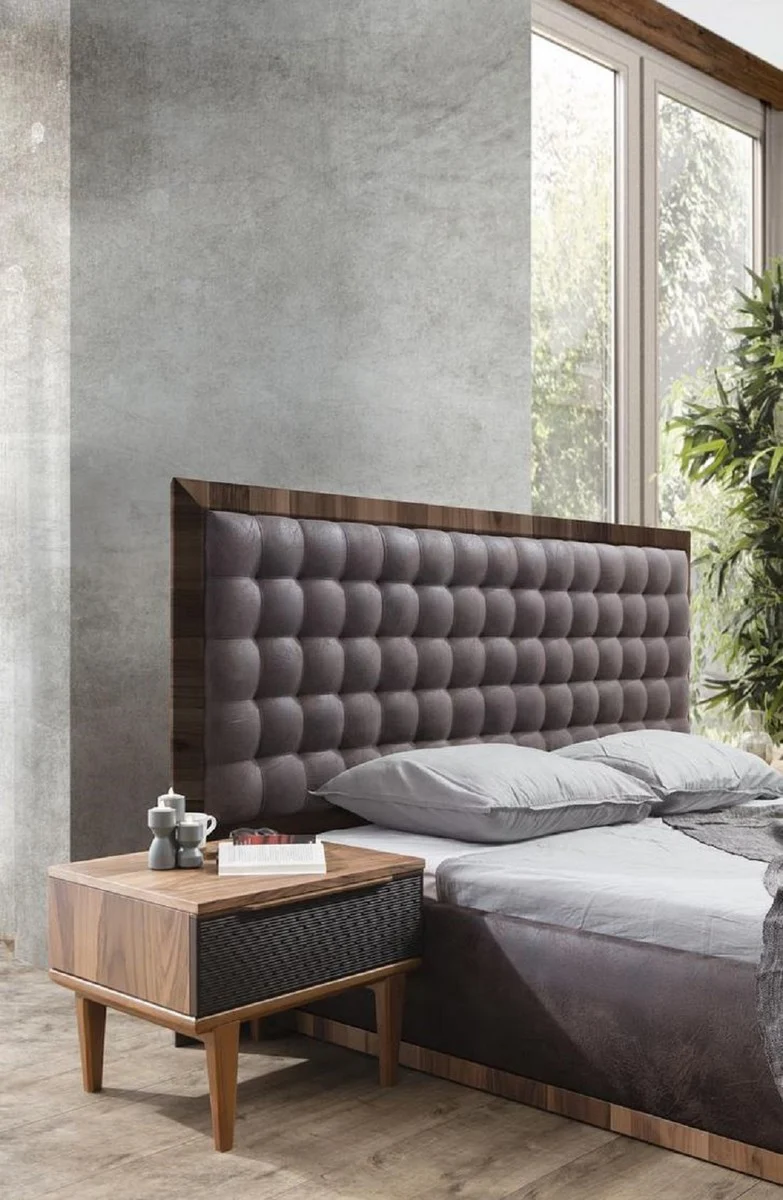 Luxury Solid Wood Bedroom Set Gray / Brown - 1 Double Bed with Headboard & 2 Bedside Tables - Luxury Bedroom Furniture