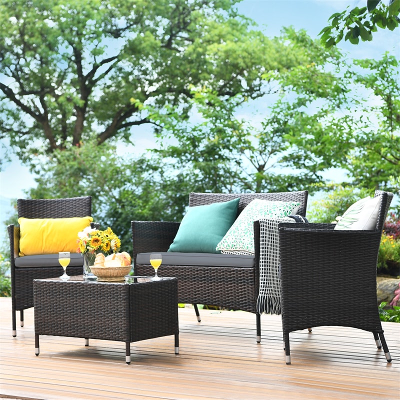 4 Pcs Outdoor Rattan Patio Conversation Set Wicker Furniture Set with Coffee Table and Cushion Sofas