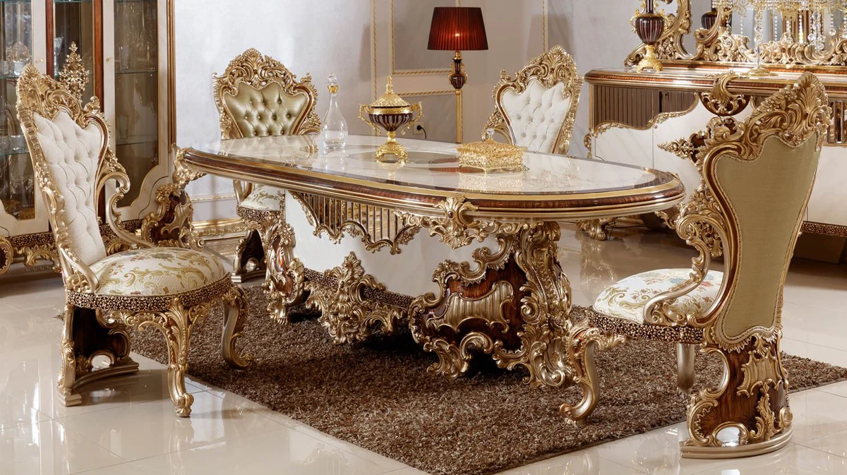 Luxury Baroque Dining Room Set White / Brown / Gold - 1 Baroque Dining Table & 6 Baroque Dining Room Chairs - Baroque Dining Room Furniture - Luxury Furniture in Baroque Style - Noble & Magnificent - Luxury Quality