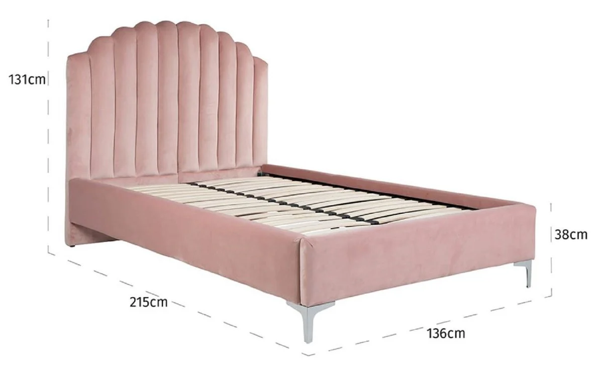 Luxury Art Deco double bed pink / silver 136 x 215 x H. 131 cm - solid wood bed with elegant velvet fabric - luxury bedroom furniture - hotel furniture - Art Deco furniture
