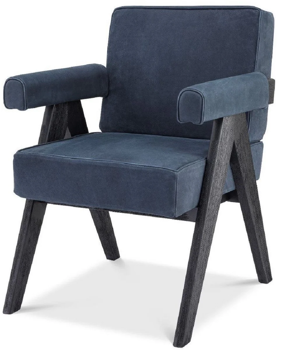 Luxury real leather dining room chair with armrests blue / black 64 x 70 x H. 87.5 cm - kitchen chair with elegant nubuck buffalo leather - luxury dining room furniture