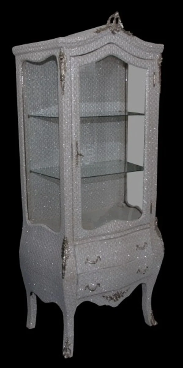 Baroque display cabinet in white/silver glitter look - display cabinet - living room cabinet