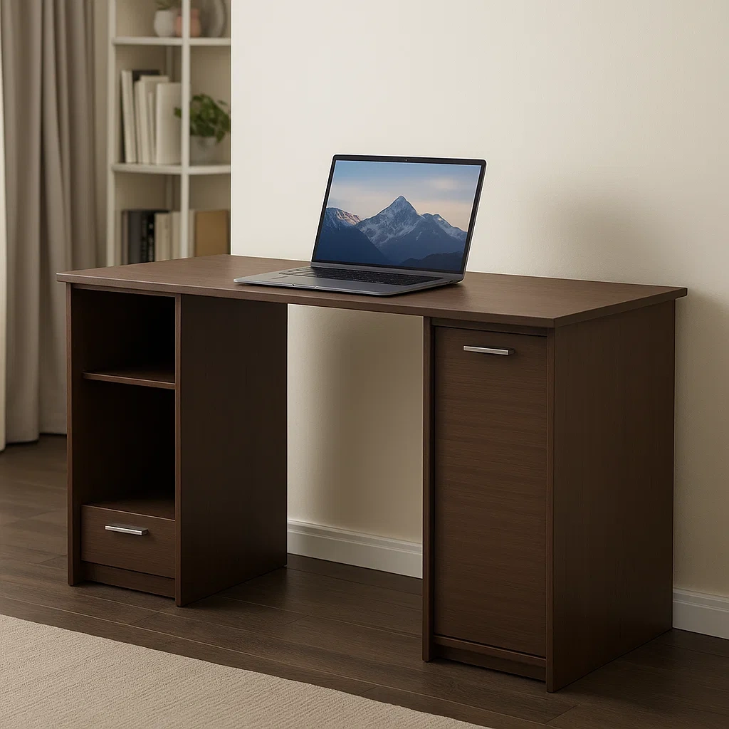 Computertisch mit 2 offenen Schubladen und 2 Schubladen mit Türen, dunkles Holz, 100 x 45 x 75 cm - DWBRGgN308kc