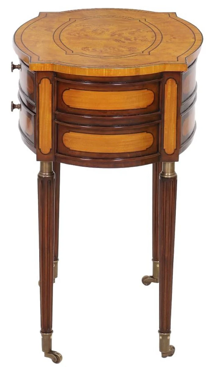 Luxury Art Nouveau nightstand light brown / dark brown - Elegant solid wood bedside table with 2 drawers and wheels - Baroque & Art Nouveau bedroom furniture
