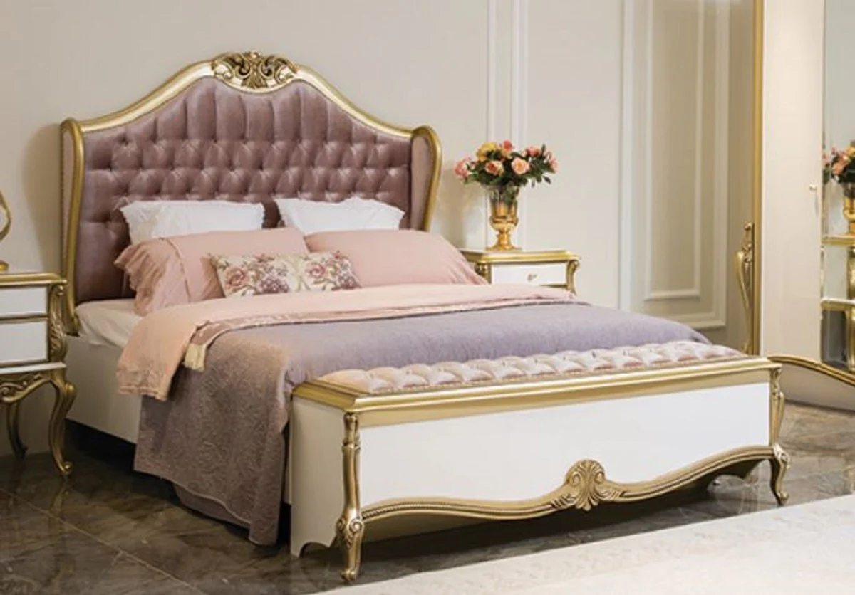 Luxury baroque double bed purple / pink / white / gold 170 x 207 x H. 168 cm - Elegant solid wood bed with headboard - Magnificent bedroom furniture in the baroque style