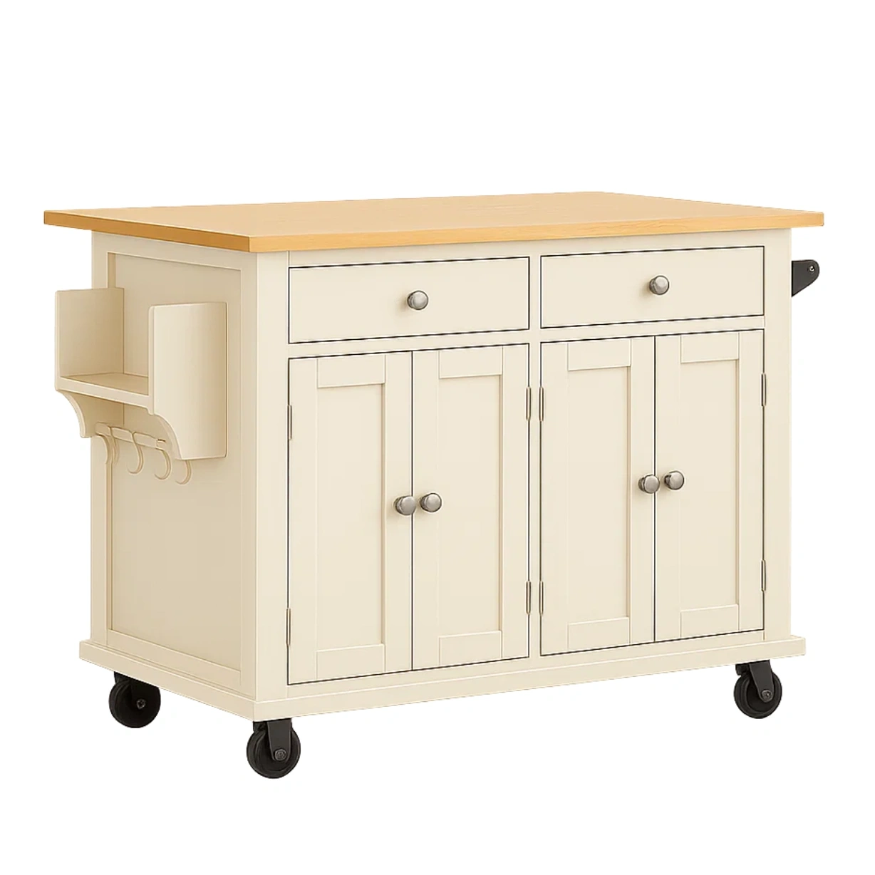 Rechteckige Kücheninsel mit Doppelschrank und zwei Schubladen, aus MDF-Holz, cremefarben, mit Rollen und seitlichen Haken, 115 x 48 x 91 cm, für multifunktionale Küchen – rv025WbmBGOb