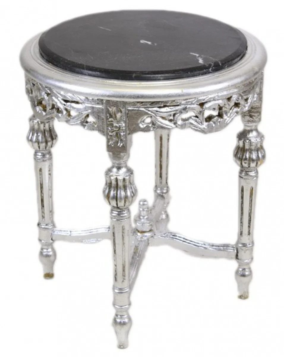 Baroque side table with black marble top round silver 50 x 45 cm antique style - telephone flower table