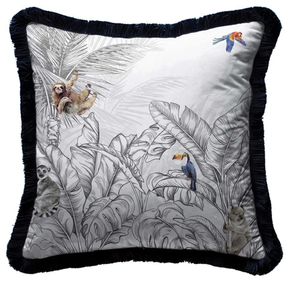 Luxury decorative cushion jungle & animals gray / multicolored / black 45 x 45 cm - printed velvet cushion with fringes - luxury decorative accessories