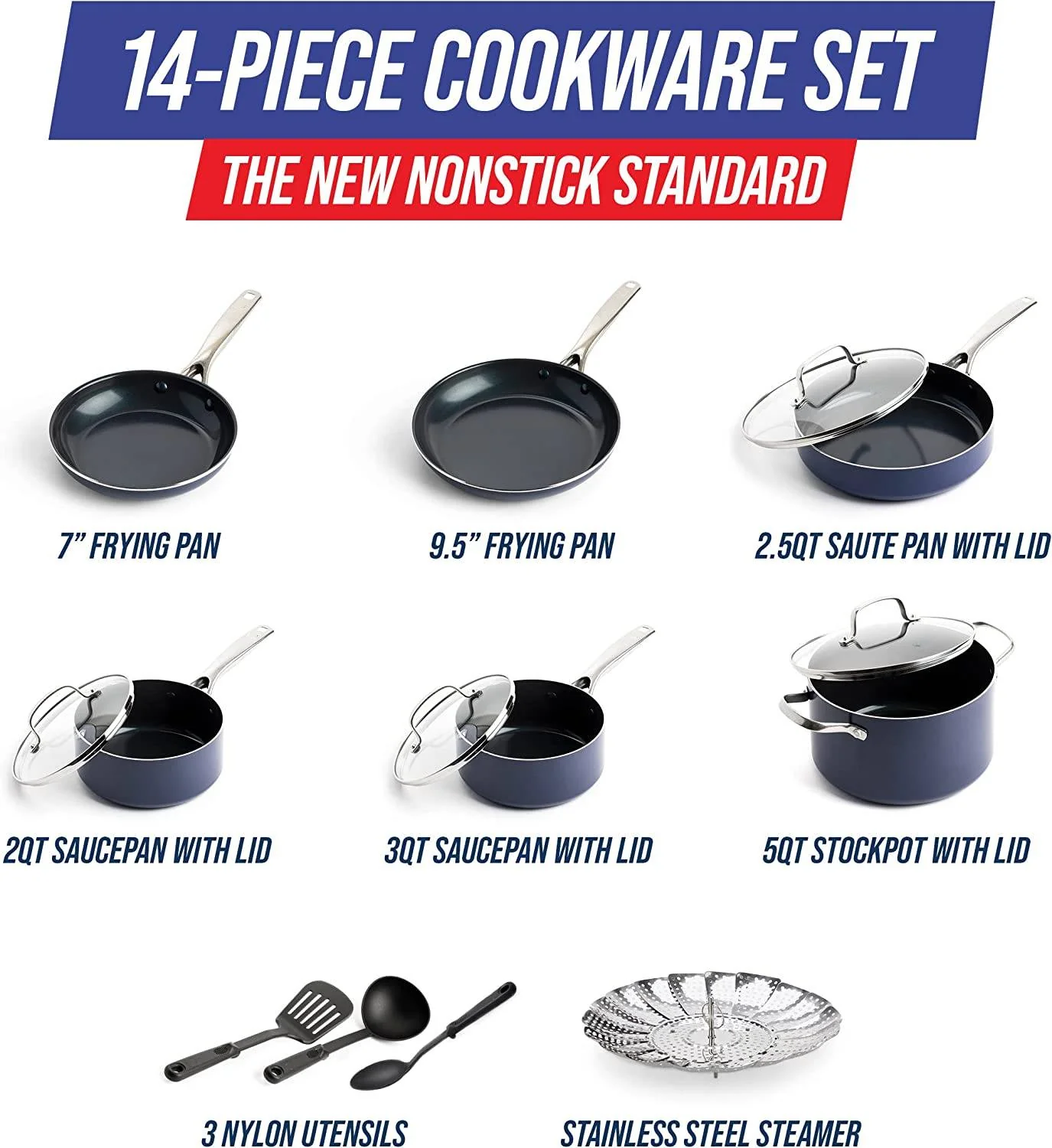 Diamond Cookware Diamond Infused Ceramic Antihaft-Kochgeschirr-Set, 14-teilig, Töpfe und Pfannen, PFAS-frei, spülmaschinenfest, ofenfest, blau