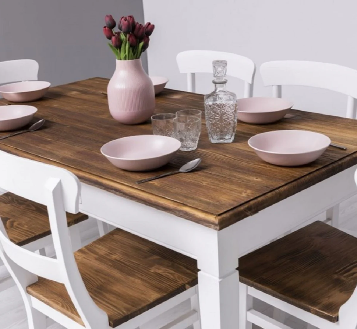 Country style dining room furniture set white / brown - 1 country style dining table & 6 country style dining room chairs - solid wood dining room furniture - country style dining room furniture