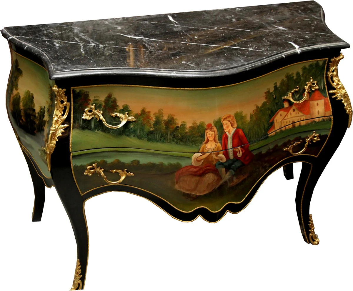 Baroque chest of drawers black with hand-painted motif / gold 130 cm metal applications and marble top