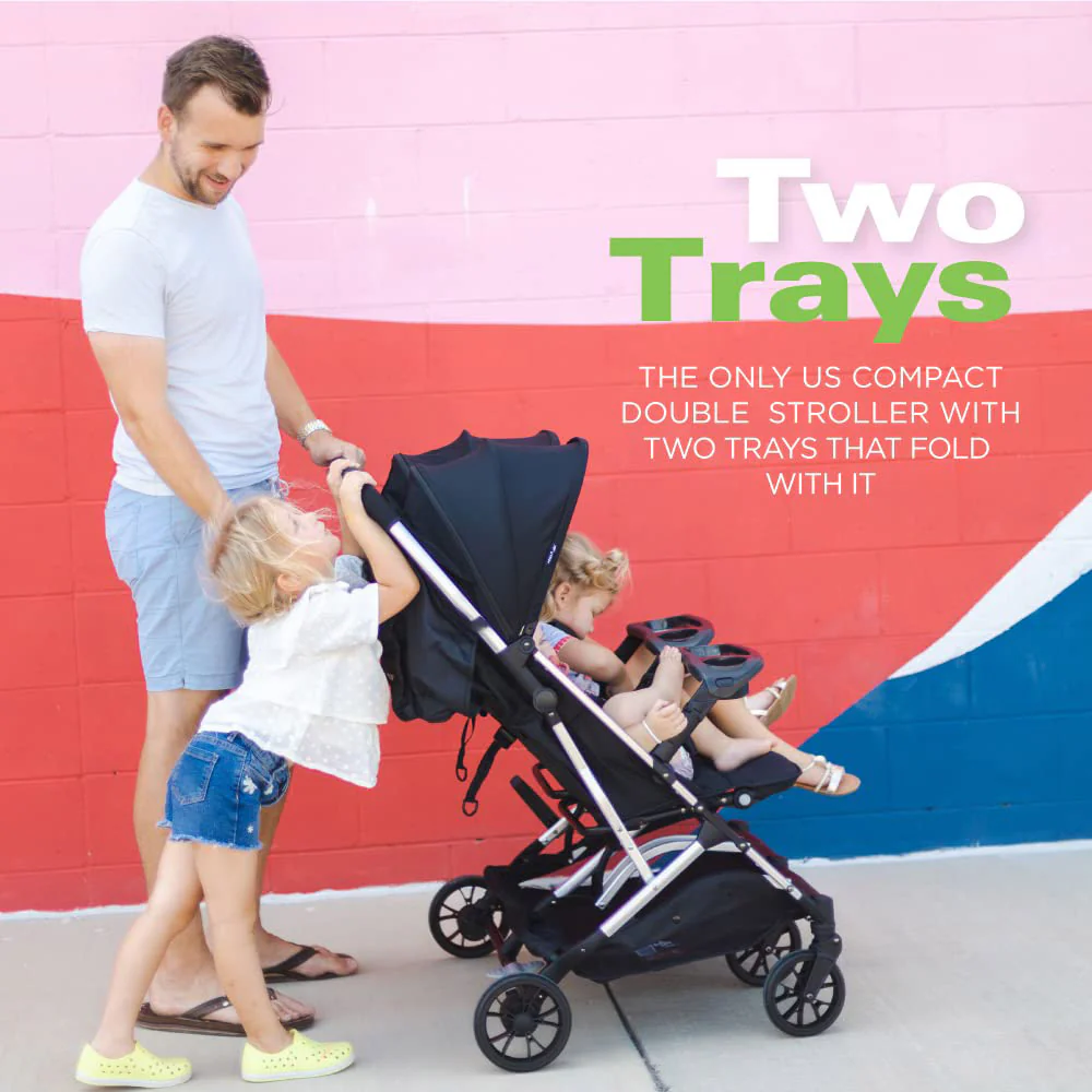 Side-by-Side-Doppelkinderwagen mit zwei Snack-Tabletts, einhändig klappbaren Sitzen, verstellbaren Liegesitzen, verstellbaren Beinstützen und 2 Reißverschlusstaschen zur Aufbewahrung, geschmiedetes Eisen