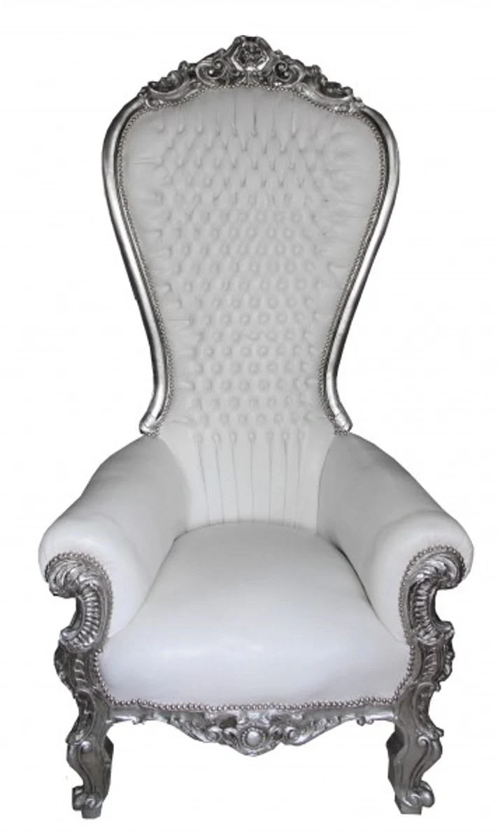 Barock Thron Sessel Majestic Mod2 Weiß / Silber - Riesensessel - Thron Stuhl Tron