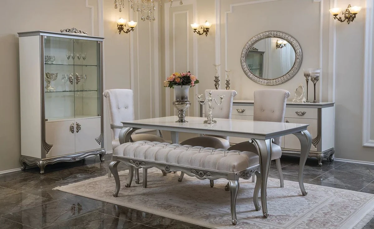 Luxury baroque dining table white / silver - elegant solid wood kitchen table in baroque style - baroque dining room furniture
