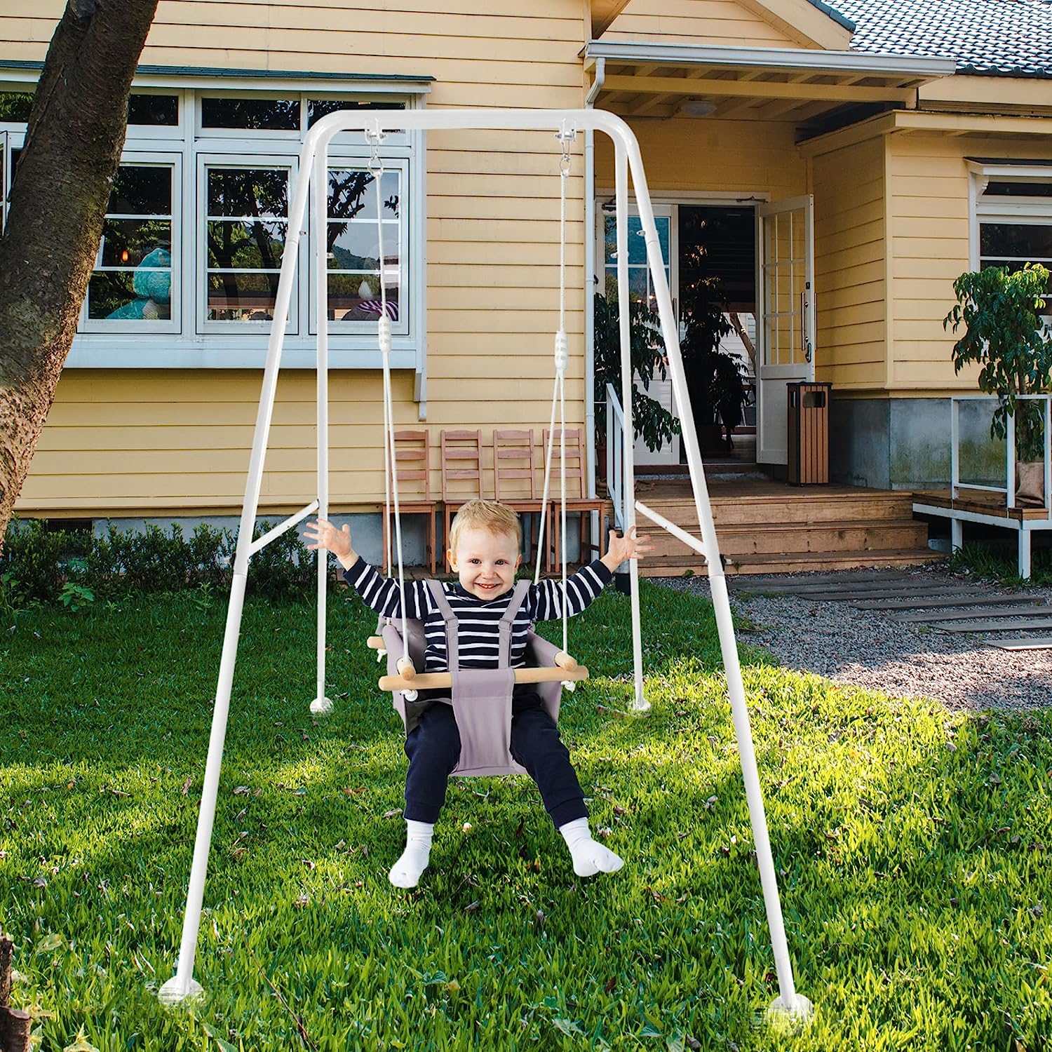 Babyschaukel aus Segeltuch, hängender Schaukelsitz aus Holz mit Sicherheitsgurt, langlebiger Baby-Hängemattenstuhl, Außen- und Innenschaukel für Kinder, Montagezubehör im Lieferumfang enthalten, Elfenbeinfarben