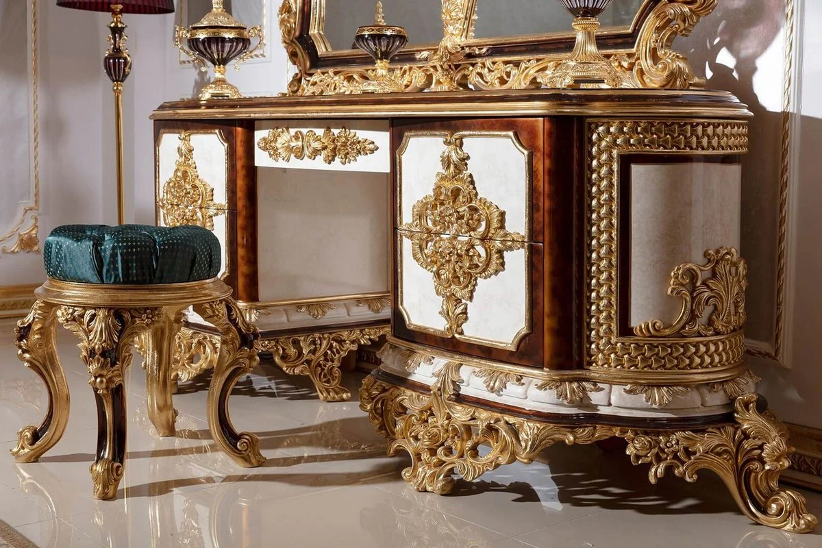Luxury Baroque Bedroom Set White / Brown / Gold - 1 Baroque Dressing Chest with 5 Drawers & 1 Baroque Mirror & 1 Baroque Stool - Baroque Bedroom Furniture - Noble & Magnificent