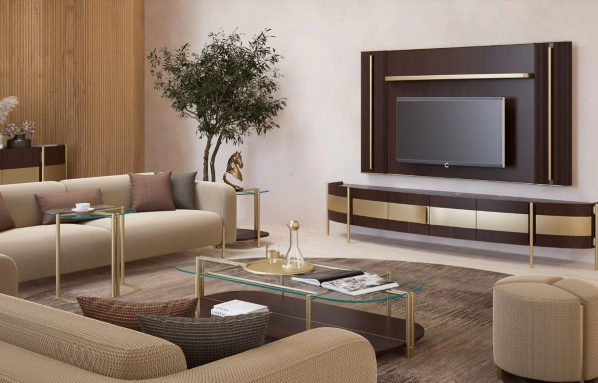 Luxury coffee table dark brown / brass 155 x 75 x H. 35 cm - Living room table with glass top - Living room furniture - Hotel furniture - Luxury furniture - Luxury furnishings