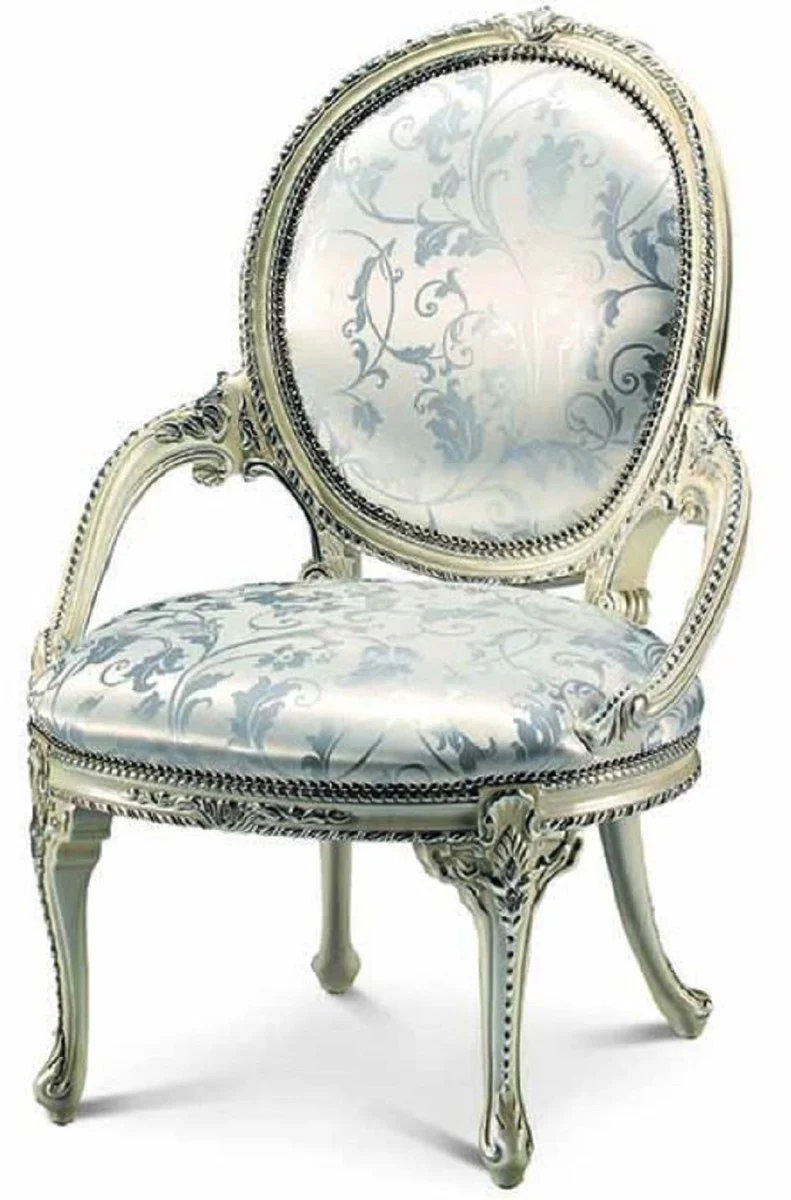 Luxury baroque dining room chair with armrests silver / cream white - Made in Italy