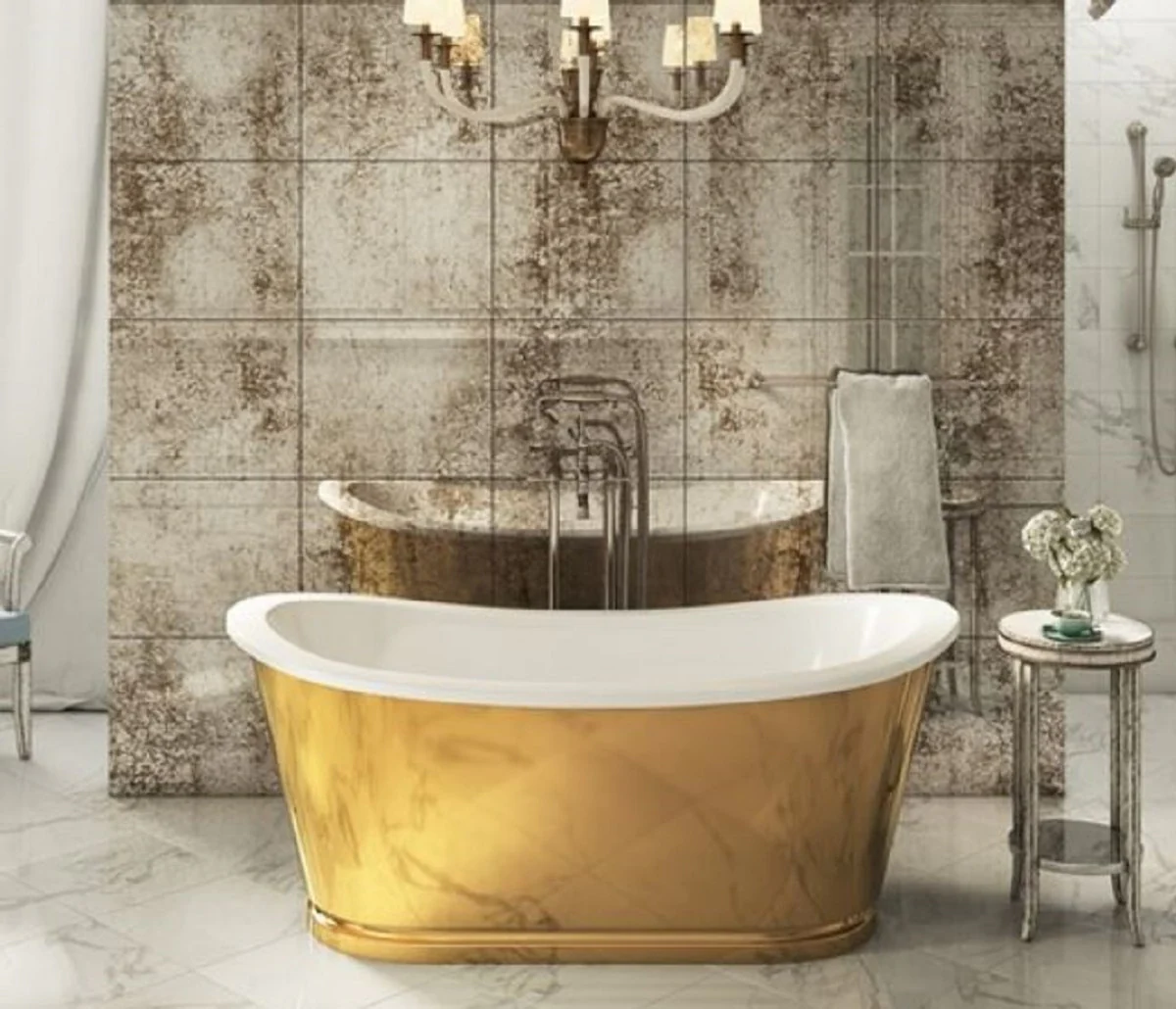 Luxury Art Nouveau bathtub gold / white 167.5 x 76.1 x H. 71.1 cm - Freestanding retro bathtub - Luxury Art Nouveau bathroom furniture