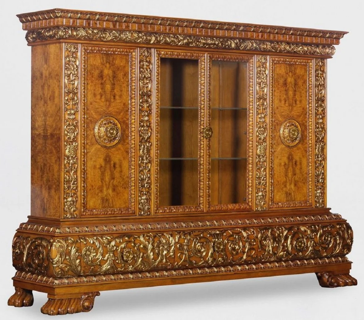 Luxury living room cabinet with LED lighting brown / gold 268 x 58 x H. 189 cm - solid wood cabinet - luxury furniture - luxury furnishings - living room furnishings - luxury quality