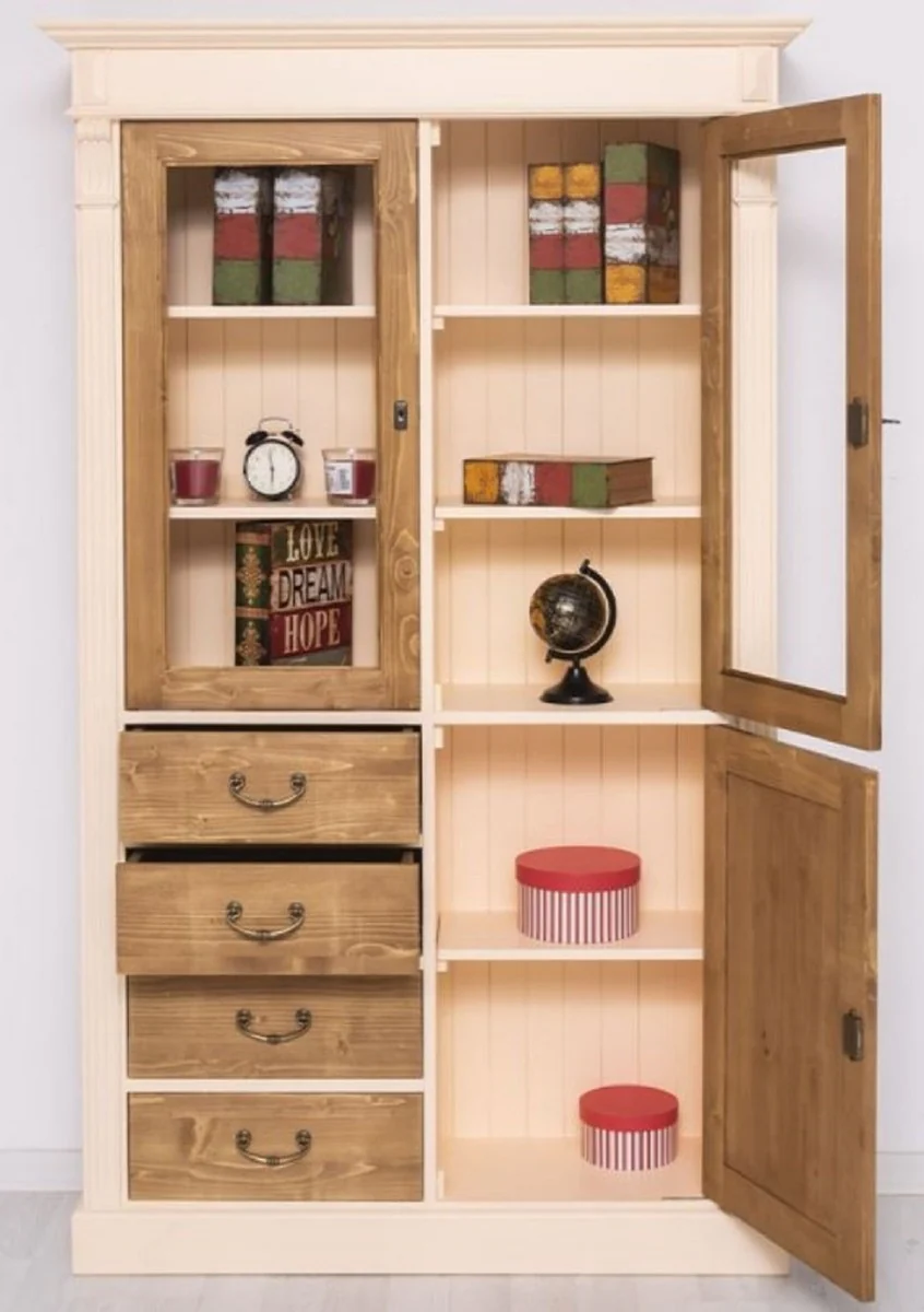 Country house style cabinet cream / brown 120 x 39 x H. 197 cm - country house style dining room cabinet - country house style display cabinet - solid wood furniture - country house style furniture