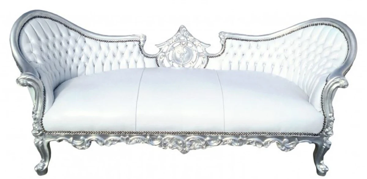Baroque sofa Vampire white / silver 200 x 75 x H. 82 cm - Handmade lounge couch with leather look - Limited Edition - Baroque furniture