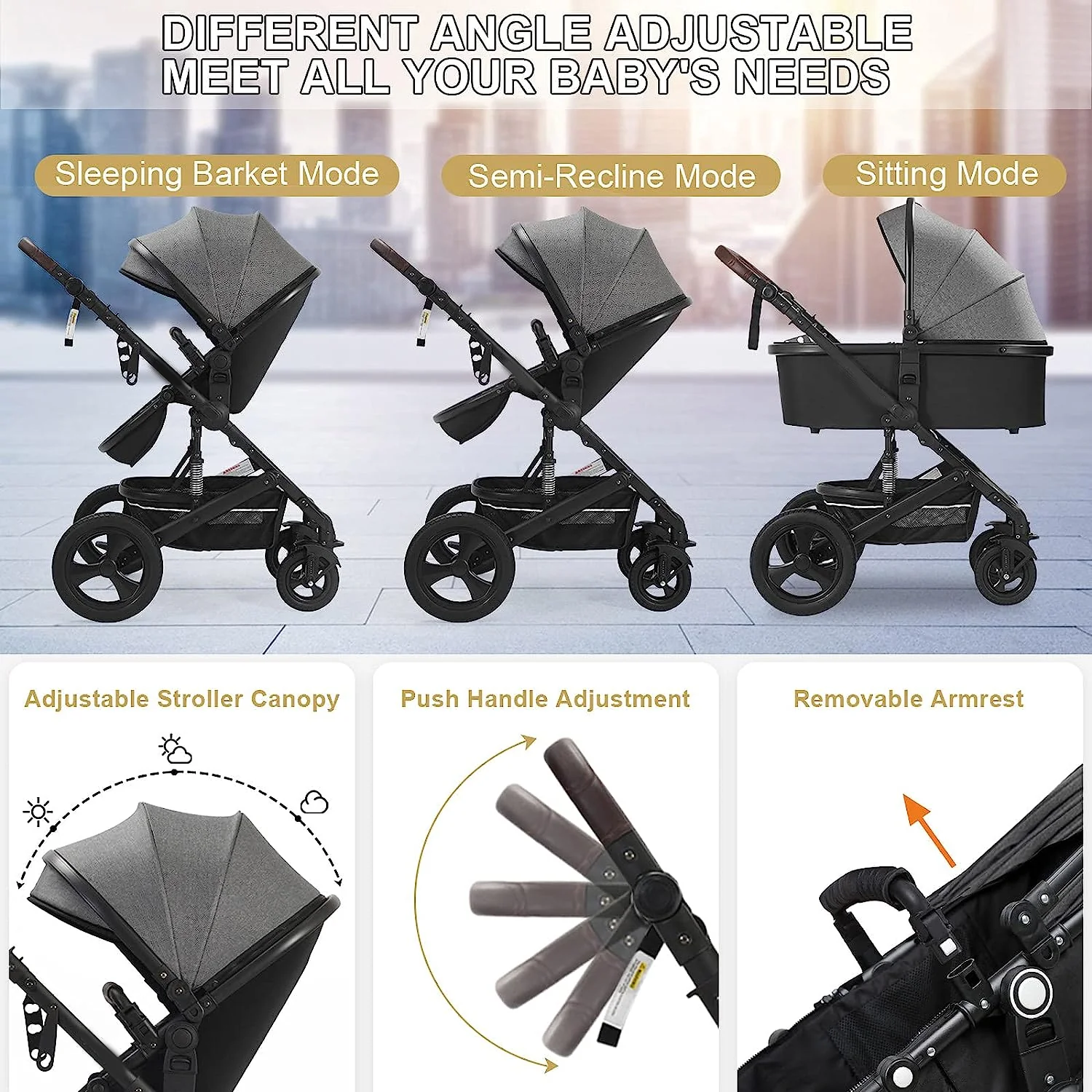 Kinderwagen für Neugeborene und Kleinkinder – Kinderwagen mit verstellbarer, umkehrbarer Rückenlehne, 2-in-1-Hochformat, umwandelbarer Stubenwagen, faltbarer Aluminiumlegierung, 3D-Stoßdämpfung, All-Terrain-Kinderwagen
