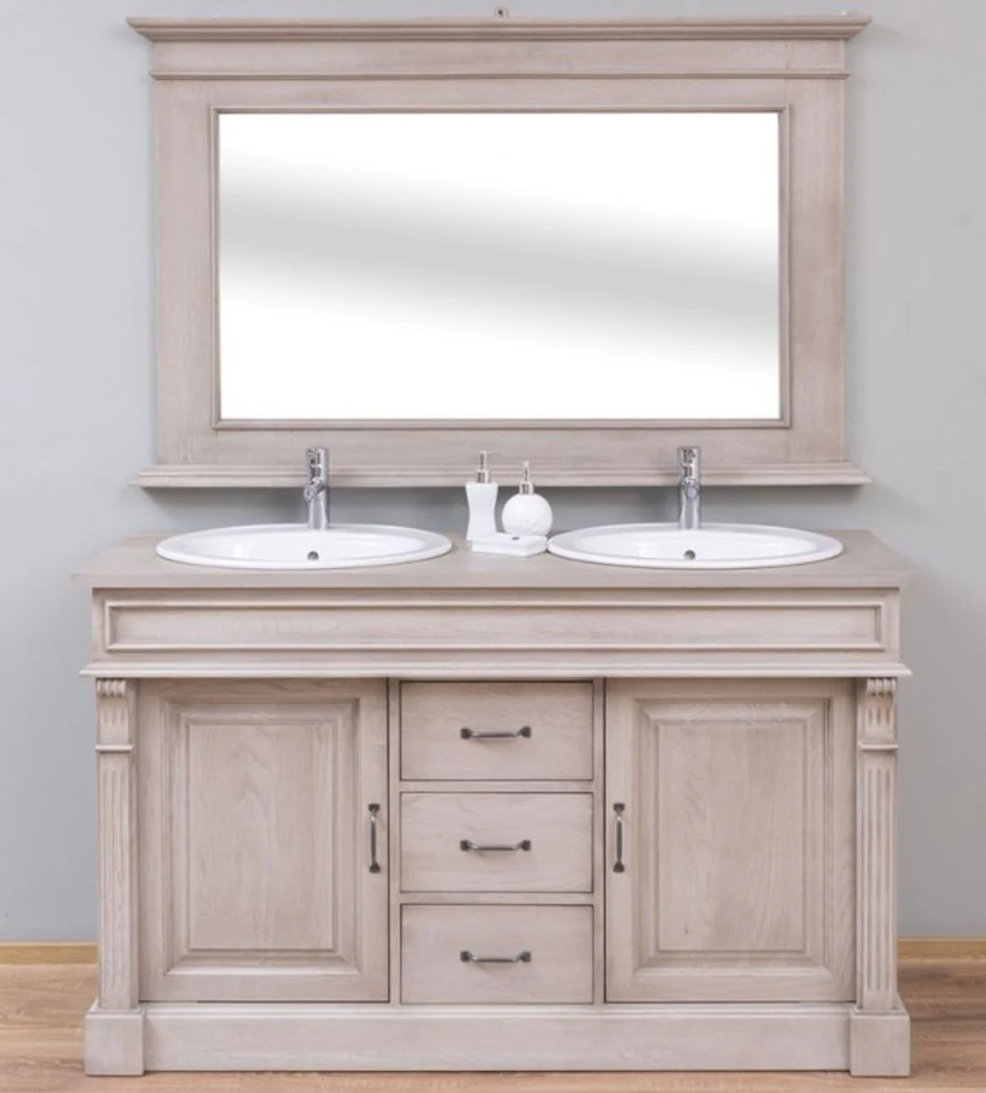 Country house style bathroom set gray - 1 double washbasin & 2 sinks & 2 taps & 1 wall mirror - solid wood bathroom furniture in country house style