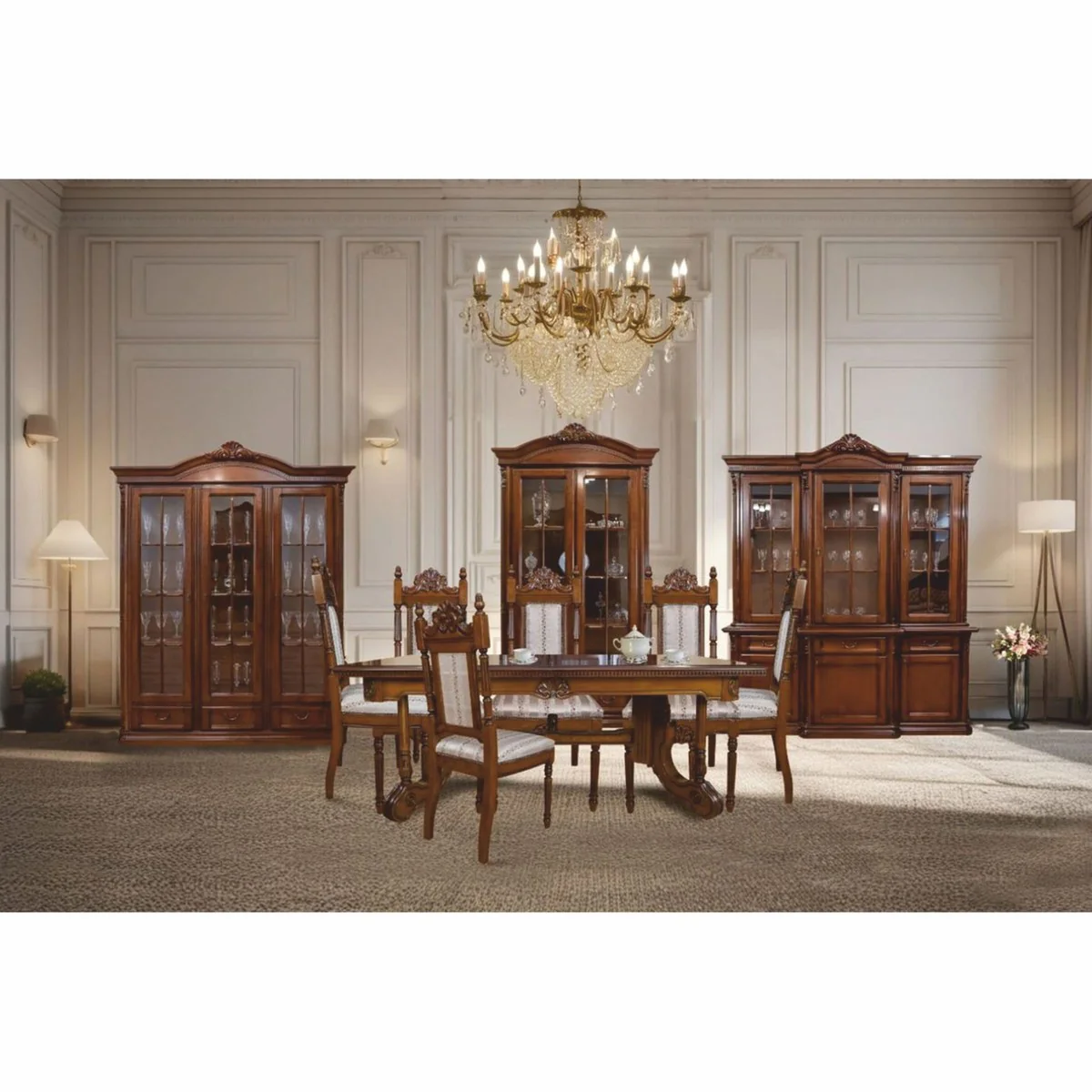 Luxury Baroque Dining Room Set Brown / Silver - 1 extendable dining table & 8 chairs