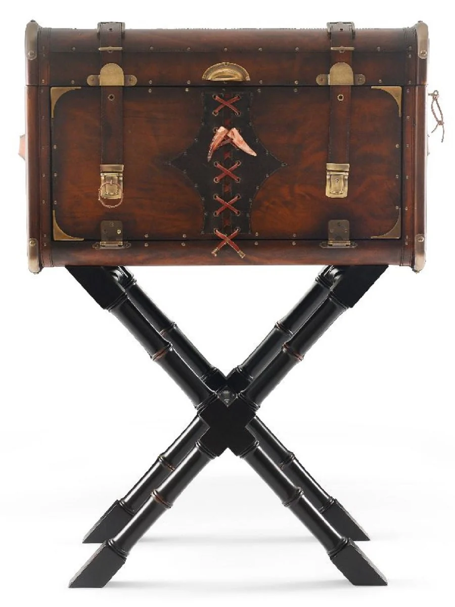 Luxury leather minibar in suitcase look brown / black / brass 45.5 x 45.5 x H. 73 cm - real leather minibar - bar furniture - real leather furniture - luxury furniture in suitcase look