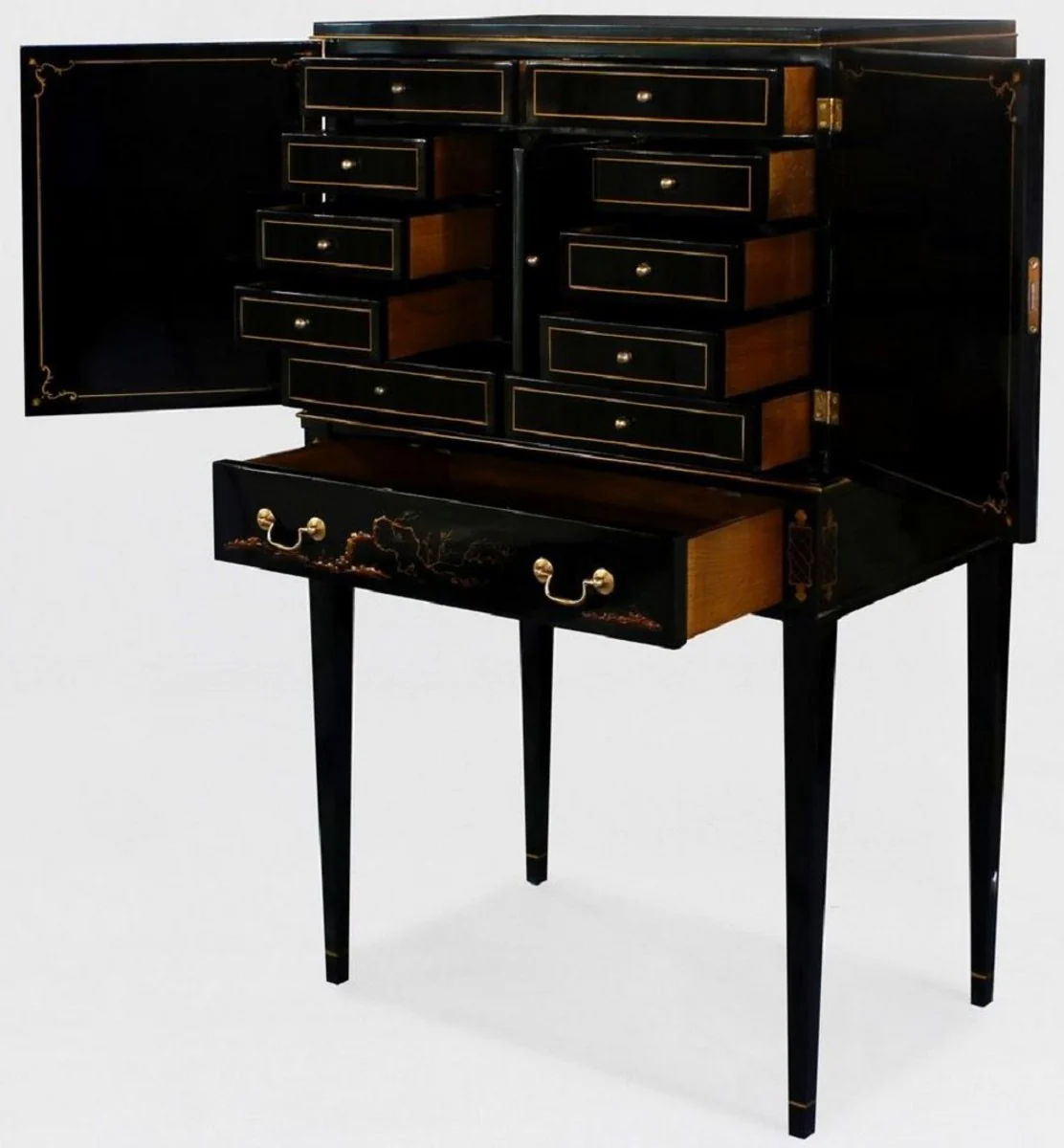 Luxury baroque cabinet with 11 drawers black / gold - living room cabinet in Chinese style - office cabinet - luxury furniture in baroque style - baroque furniture - baroque furnishings