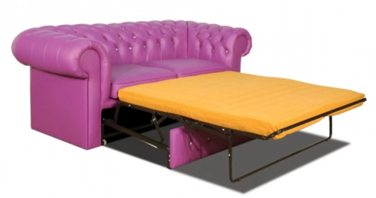 Real leather 2-seater sofa in purple with Swarowski crystal stones 180 x 100 x H. 78 cm - luxury Chesterfield sofa bed