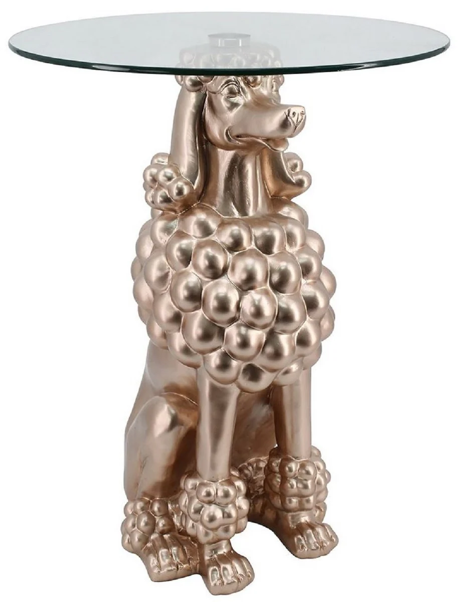 Luxury side table dog copper Ø 48.5 x H. 64 cm - Round synthetic resin table with glass top - Living room furniture - Luxury furniture - Luxury furnishings - Living room furnishings